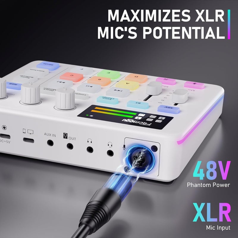 Facmogu خلاط صوت G9، خلاط RGB للبث المباشر مع واجهة ميكروفون XLR، مفتاح التحكم في الصوت، زر كتم الصوت، طاقة فانتوم 48 فولت، معدات بودكاست لوح الصوت للبث المباشر، تسجيل البودكاست - أبيض - Image 3
